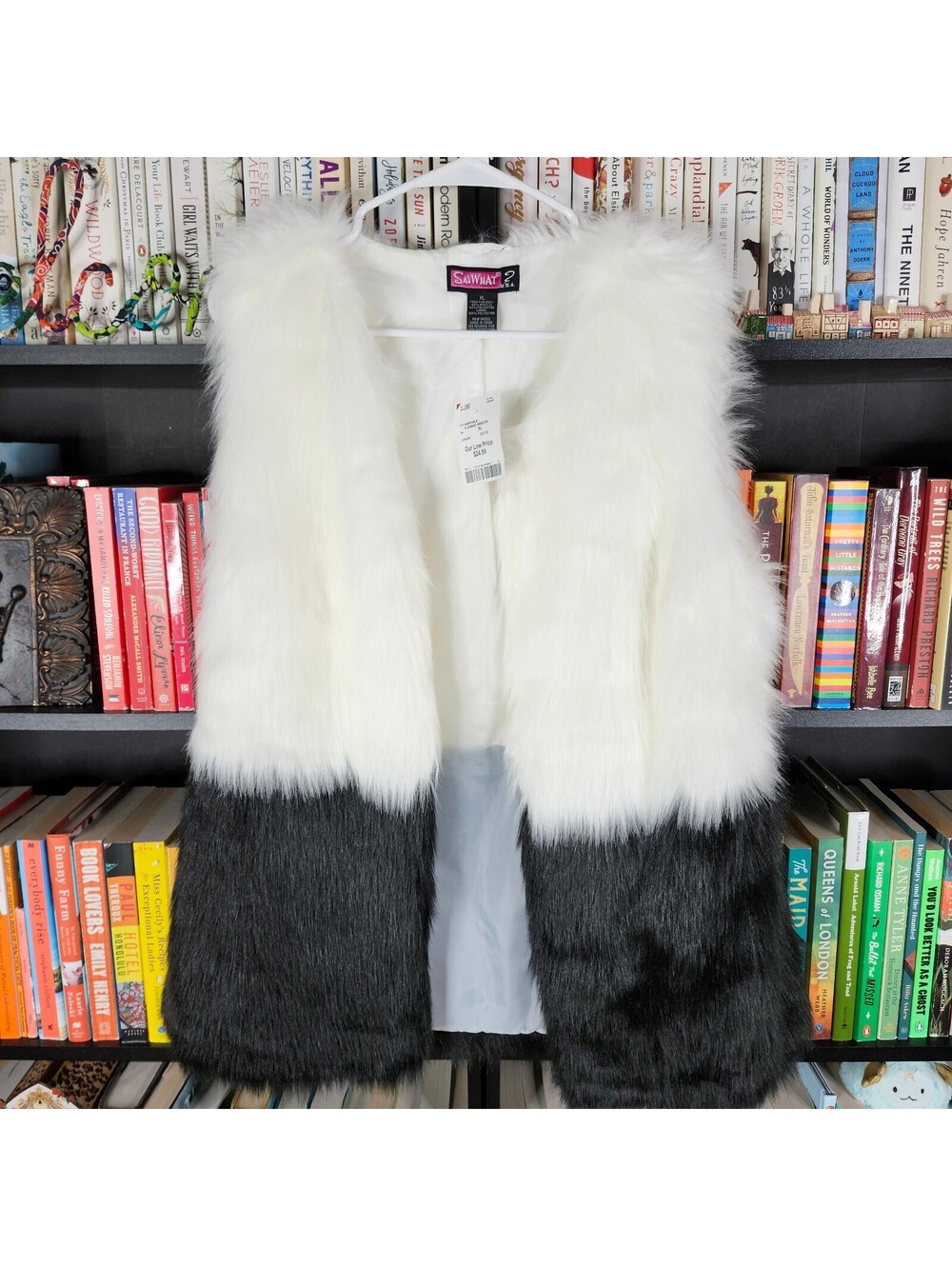Say What 2 USA Faux Fur Colorblock Vest XL White Black Open Front NWT